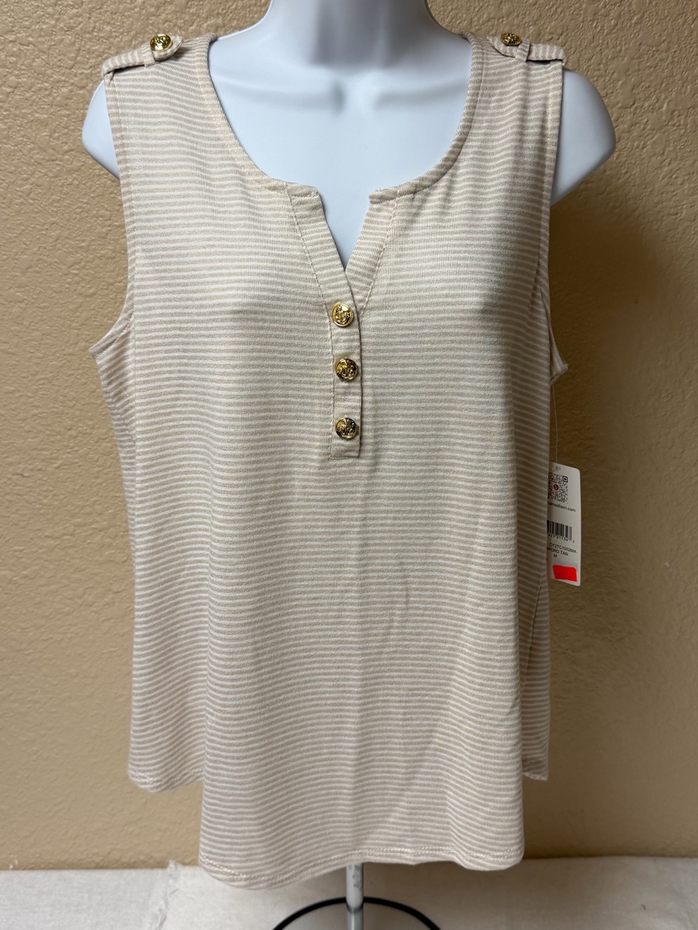 4/$20 89th & Madison Cream Striped Henley Tank with Gold Buttons